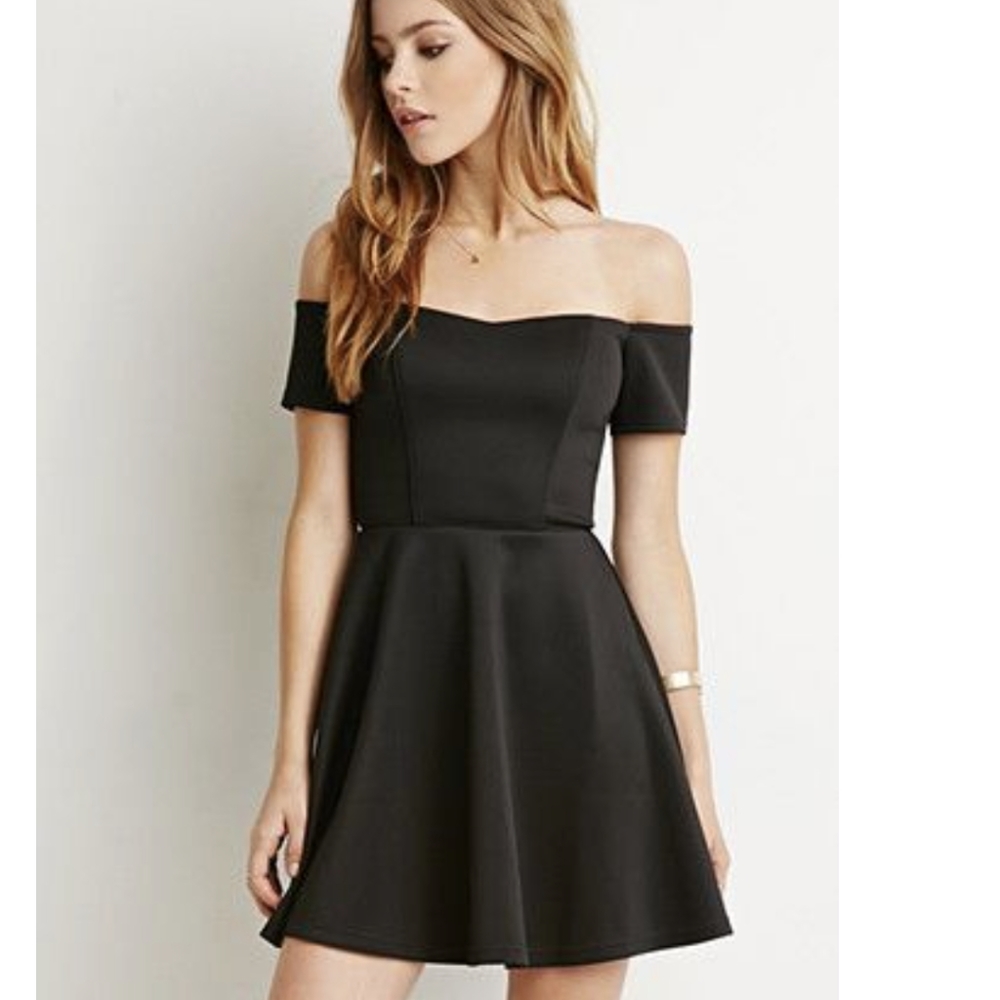 Black Off-The- shoulder Skater Dress Scuba Knit Dress